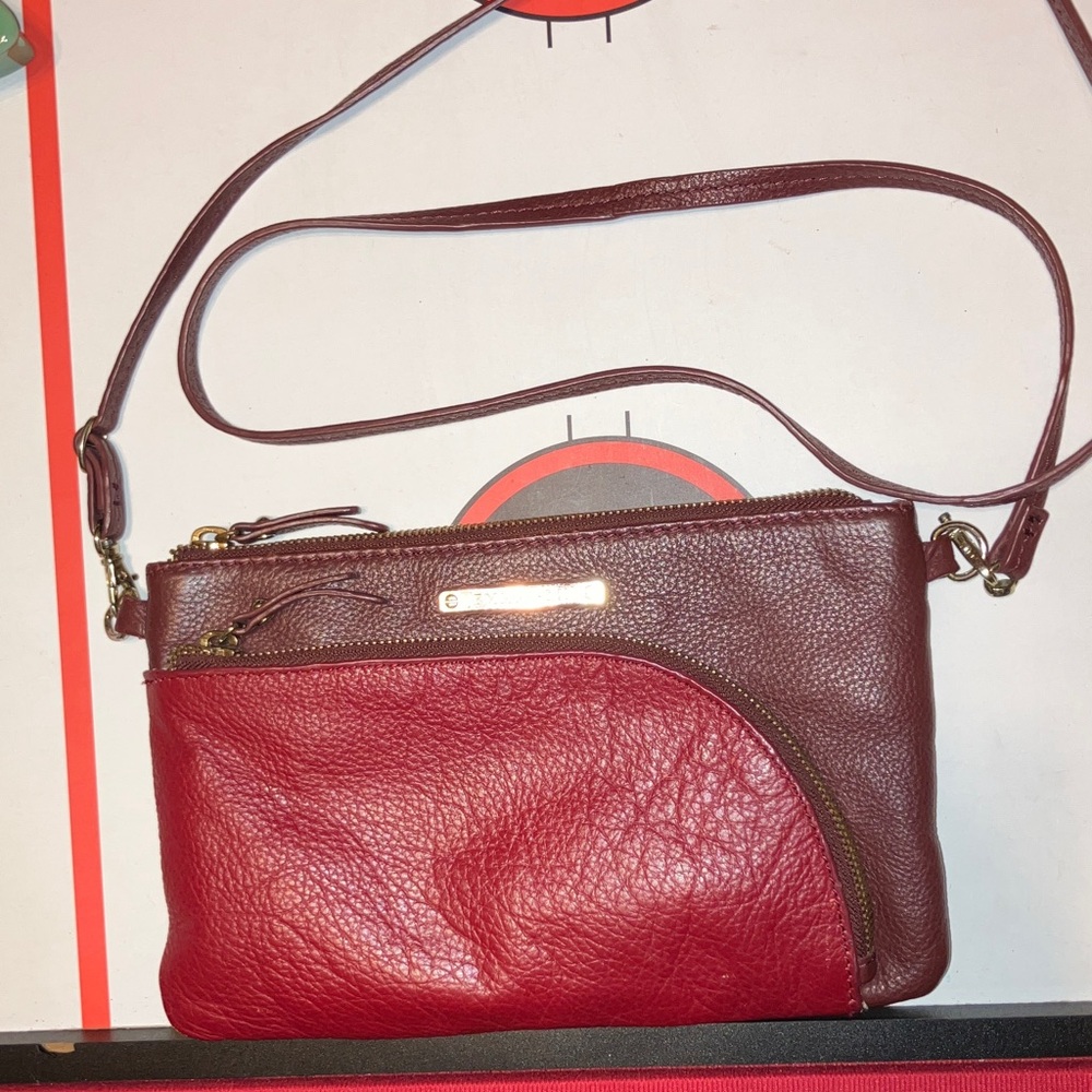 EMMA FOX  LEATHER- CRANBERRY AND BROWN Crossbody Bag with Gold Accents